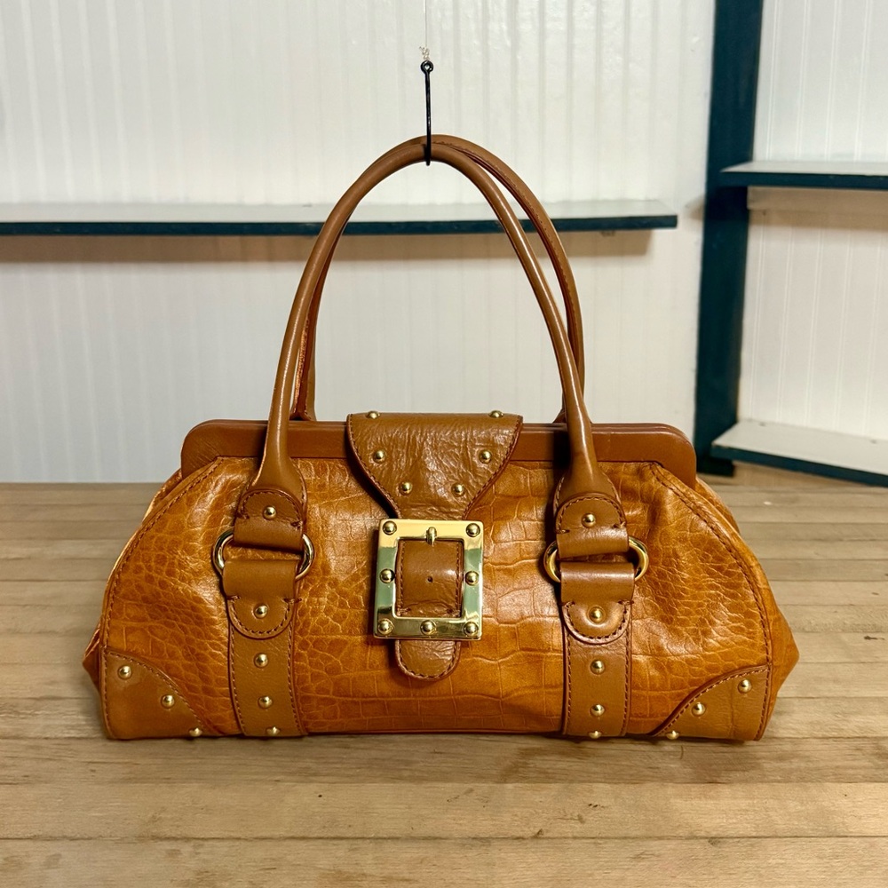 Michael Kors Cognac Croc-Embossed Leather Satchel with Gold Hardware